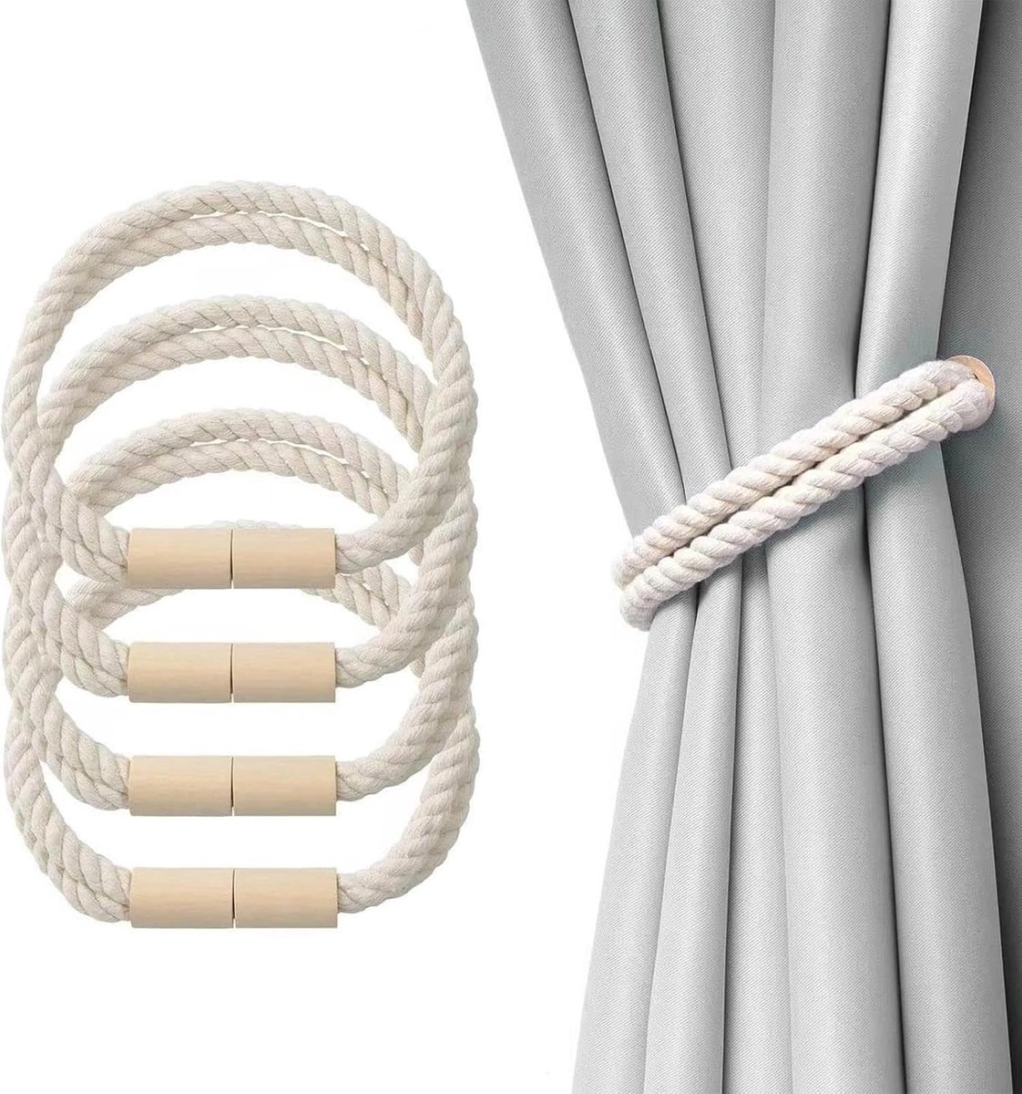 Magnetische gordijnhouders, 4 stuks, 52 cm, beige, gordijnhouders van katoen-linnen voor gordijnen en gordijnen - ShopVlot