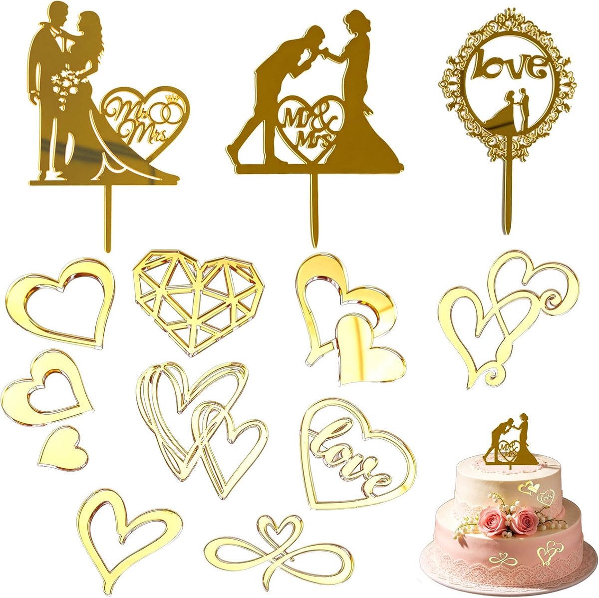 12 stuks gouden acryl hart taartdecoratie, herbruikbare spiegel cake toppers met liefdesdesign voor bruiloft - ShopVlot