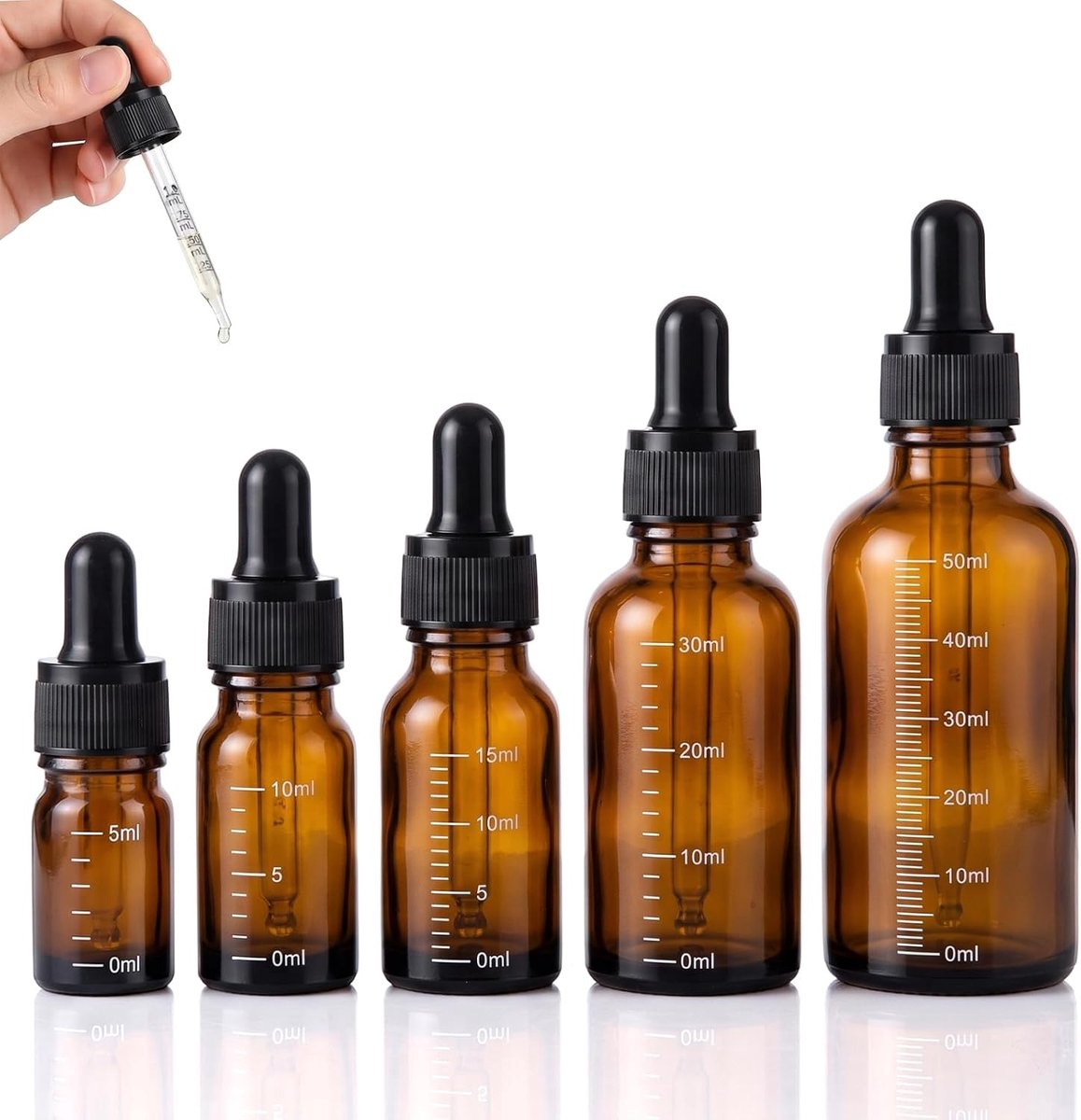 5 stuks druppelflessen van glas met schaal (5-50 ml) – set van amberkleurig glas met pipet en trechter – - ShopVlot