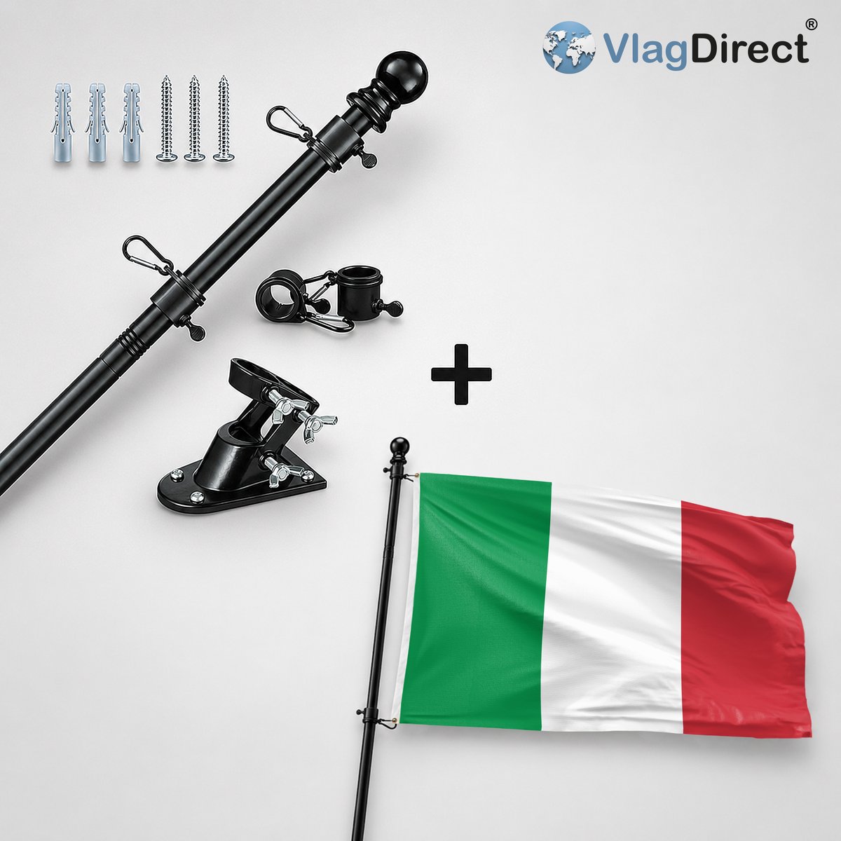 VlagDirect - Compleet vlaggenpakket - Zwarte vlaggenstok inclusief vlaggenstokhouder + Italiaanse vlag - Italië vlag - 90 x 150 cm.