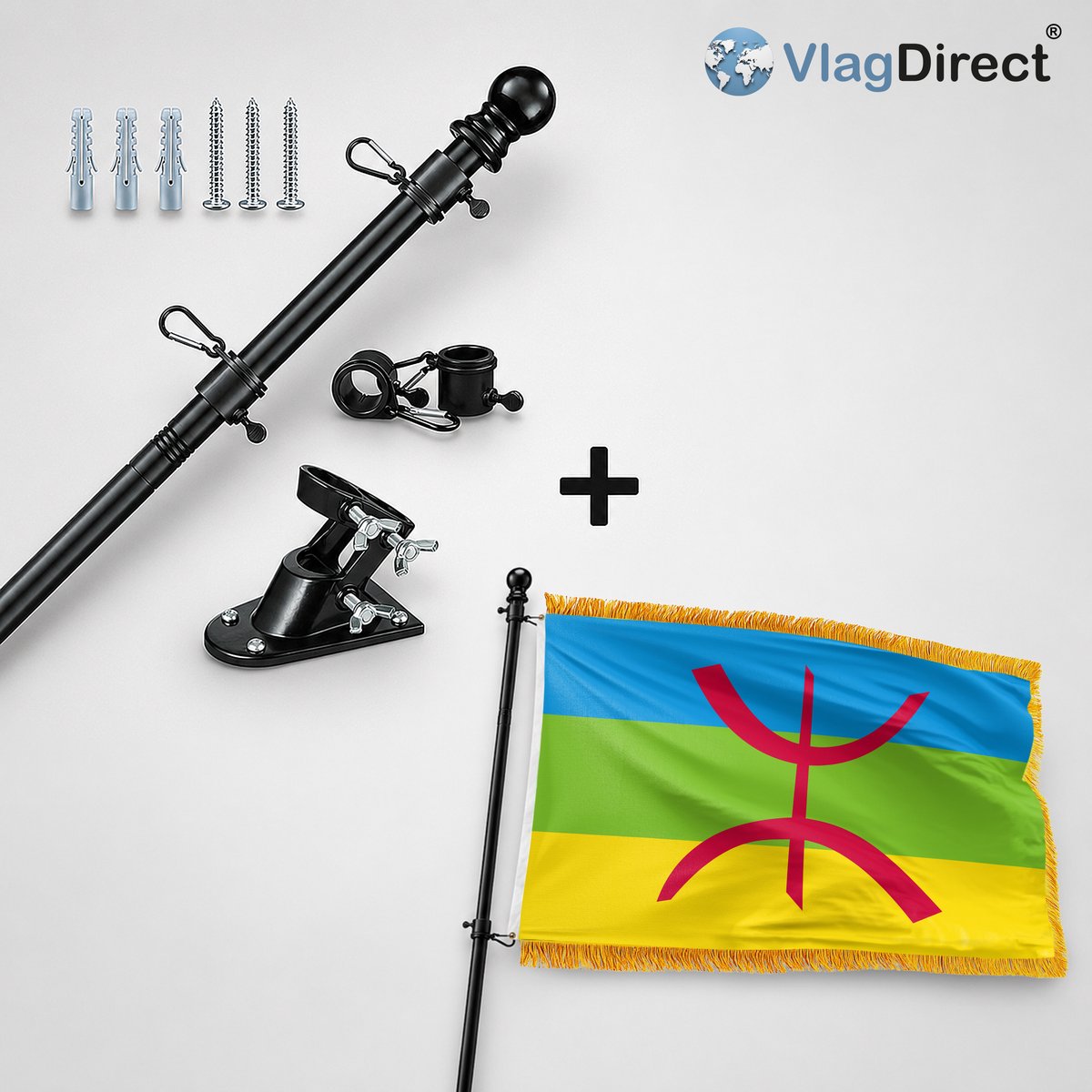 VlagDirect - Compleet vlaggenpakket - Zwarte vlaggenstok inclusief vlaggenstokhouder + Luxe Berberse vlag - Luxe Berber vlag - Luxe Amazigh vlag - 90 x 150 cm.