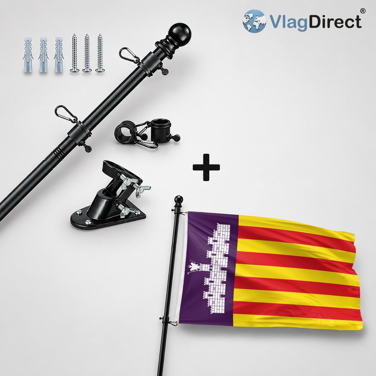 VlagDirect - Compleet vlaggenpakket - Zwarte vlaggenstok inclusief vlaggenstokhouder + Mallorcaanse vlag - Mallorca vlag - 90 x 150 cm.