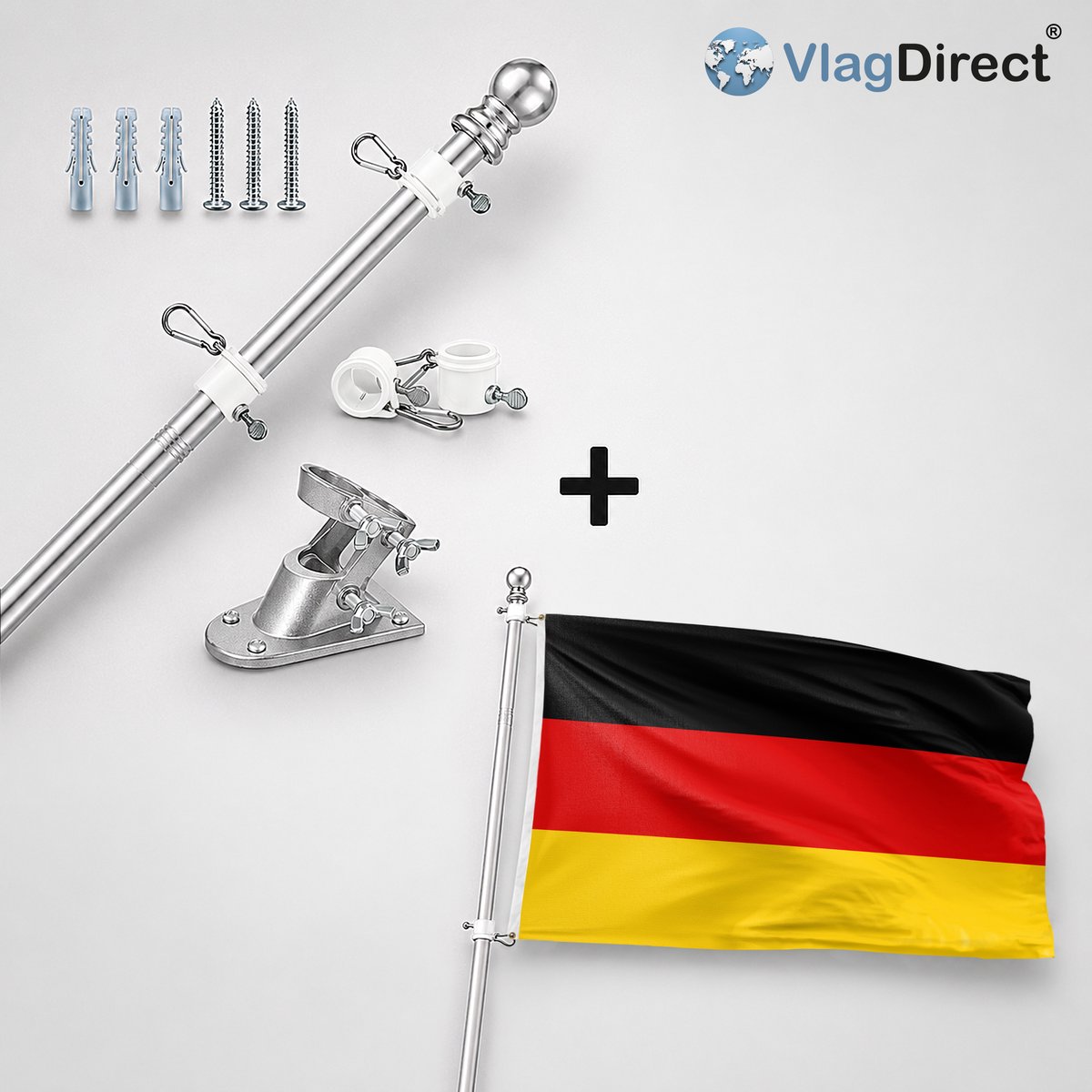 VlagDirect - Compleet vlaggenpakket - Zilveren vlaggenstok inclusief vlaggenstokhouder + Duitse vlag - Duitsland vlag - 90 x 150 cm.