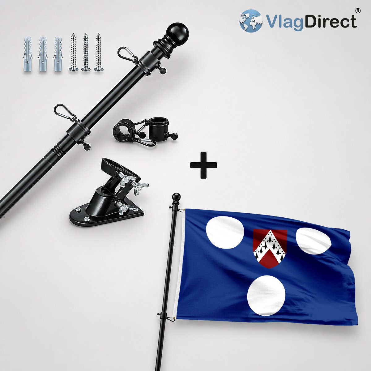 VlagDirect - Compleet vlaggenpakket - Zwarte vlaggenstok inclusief vlaggenstokhouder + Ichtegemse vlag - Gemeente Ichtegem vlag - 90 x 150 cm.
