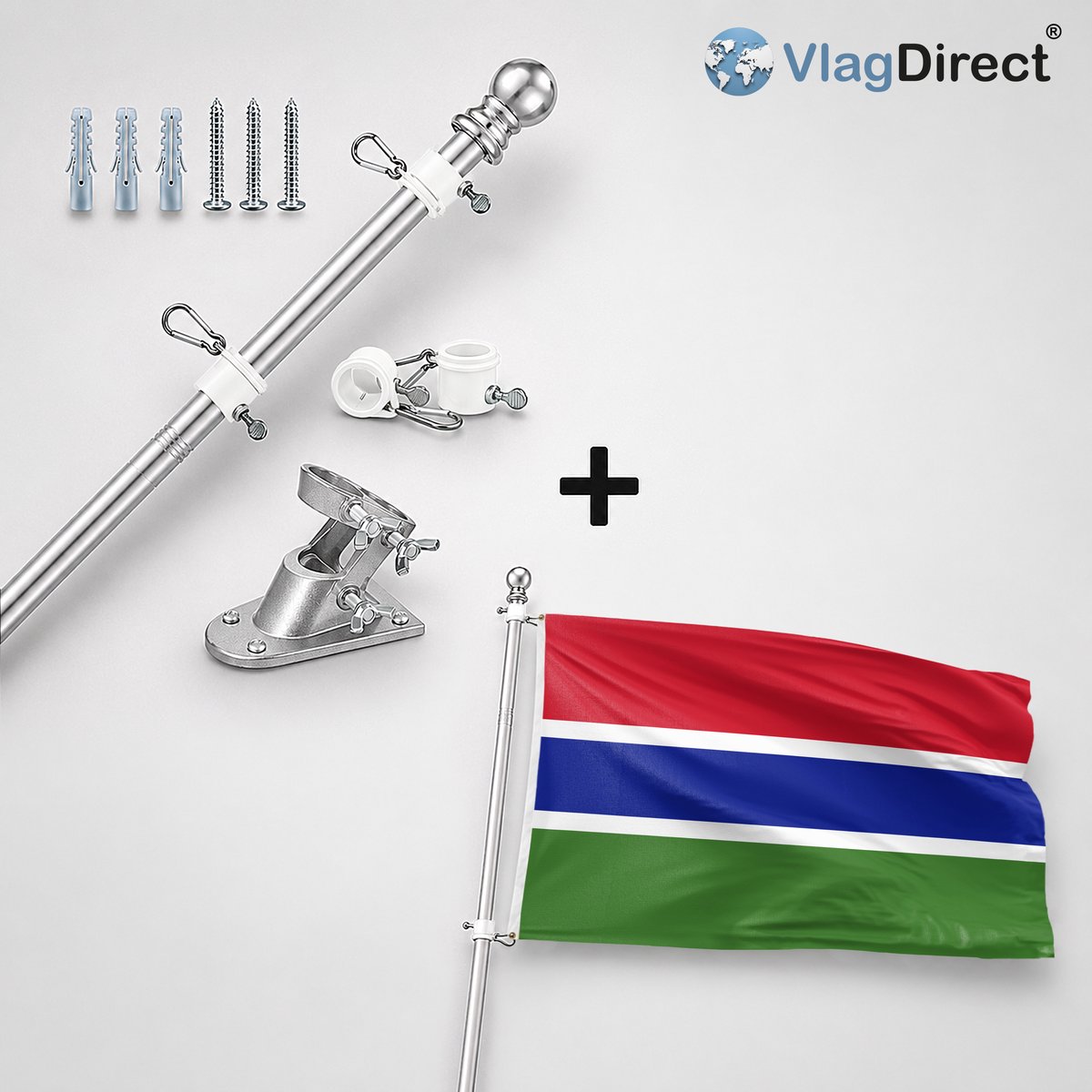VlagDirect - Compleet vlaggenpakket - Zilveren vlaggenstok inclusief vlaggenstokhouder + Gambiaanse vlag - Gambia vlag - 90 x 150 cm