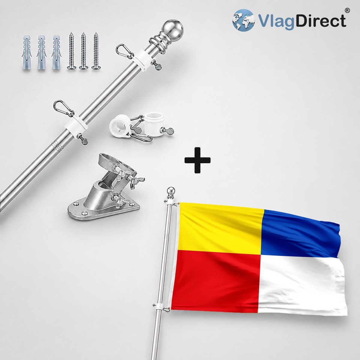 VlagDirect - Compleet vlaggenpakket - Zilveren vlaggenstok inclusief vlaggenstokhouder + Gemeente Manage vlag - 90 x 150 cm.
