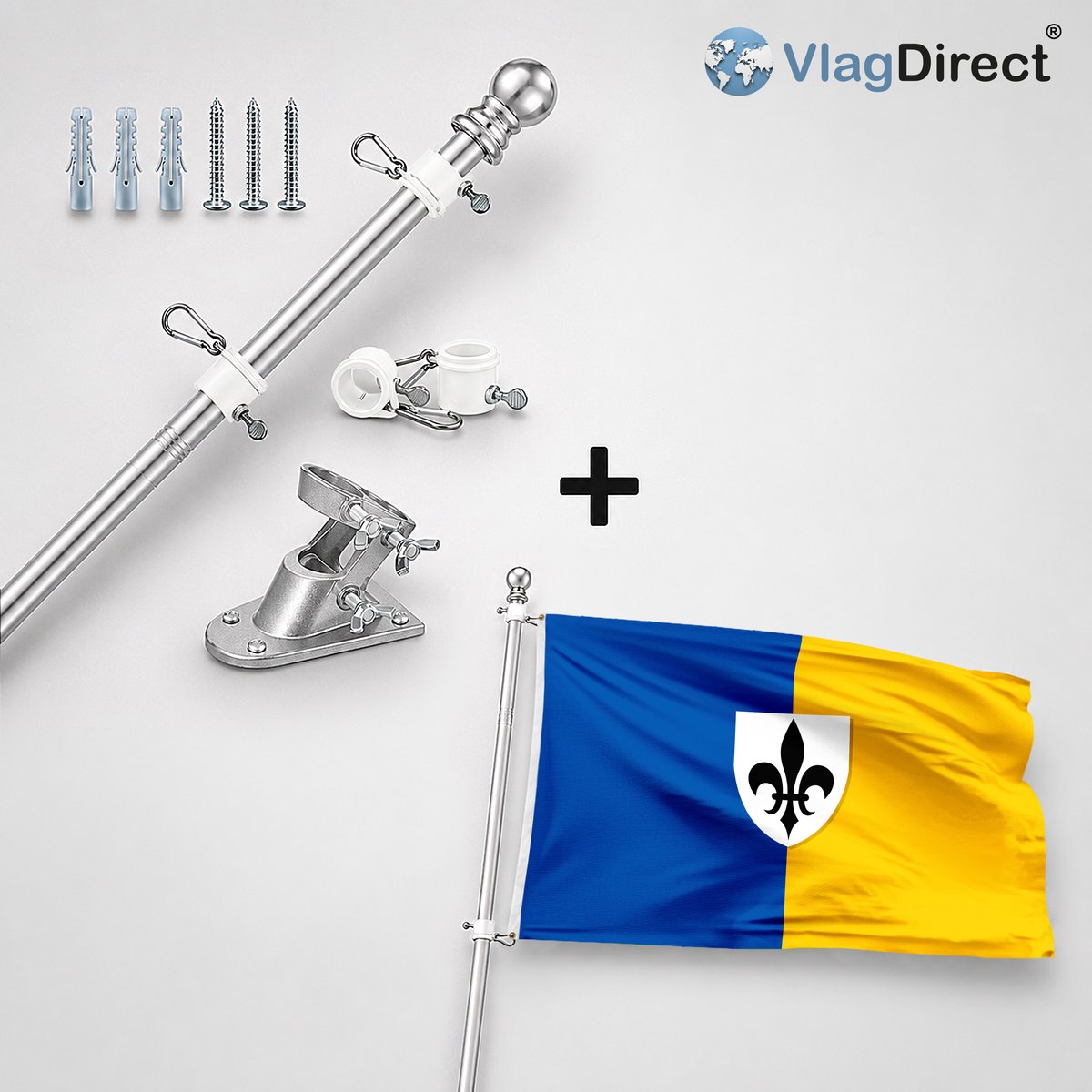VlagDirect - Compleet vlaggenpakket - Zilveren vlaggenstok inclusief vlaggenstokhouder + Begijnendijkse vlag - Gemeente Begijnendijk vlag - 90 x 150 cm.