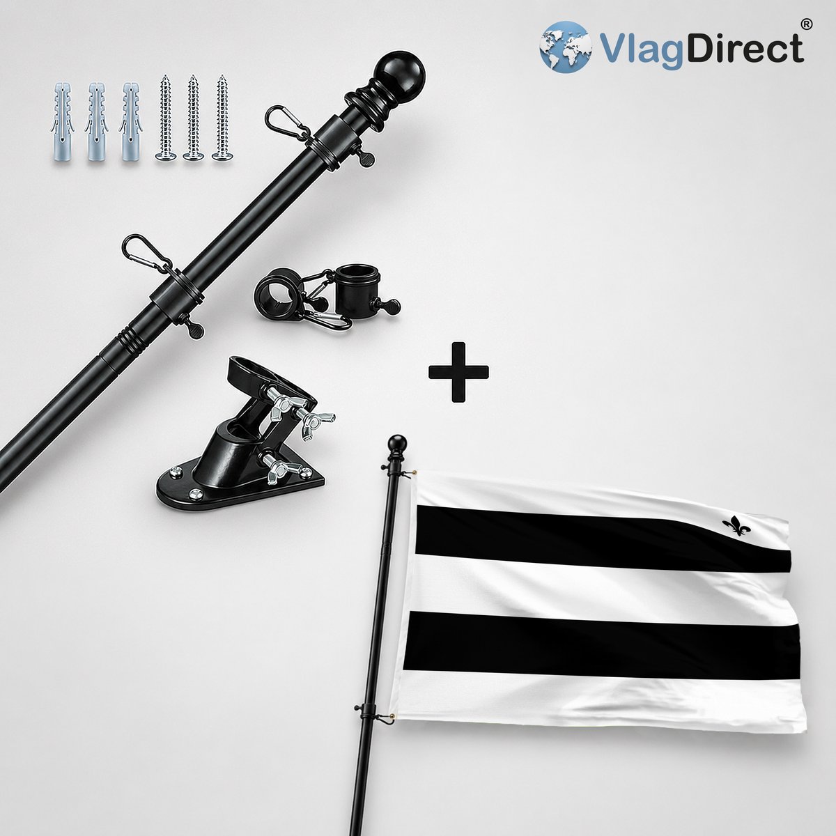 VlagDirect - Compleet vlaggenpakket - Zwarte vlaggenstok inclusief vlaggenstokhouder + Gemeente Meerhout vlag - 90 x 150 cm.