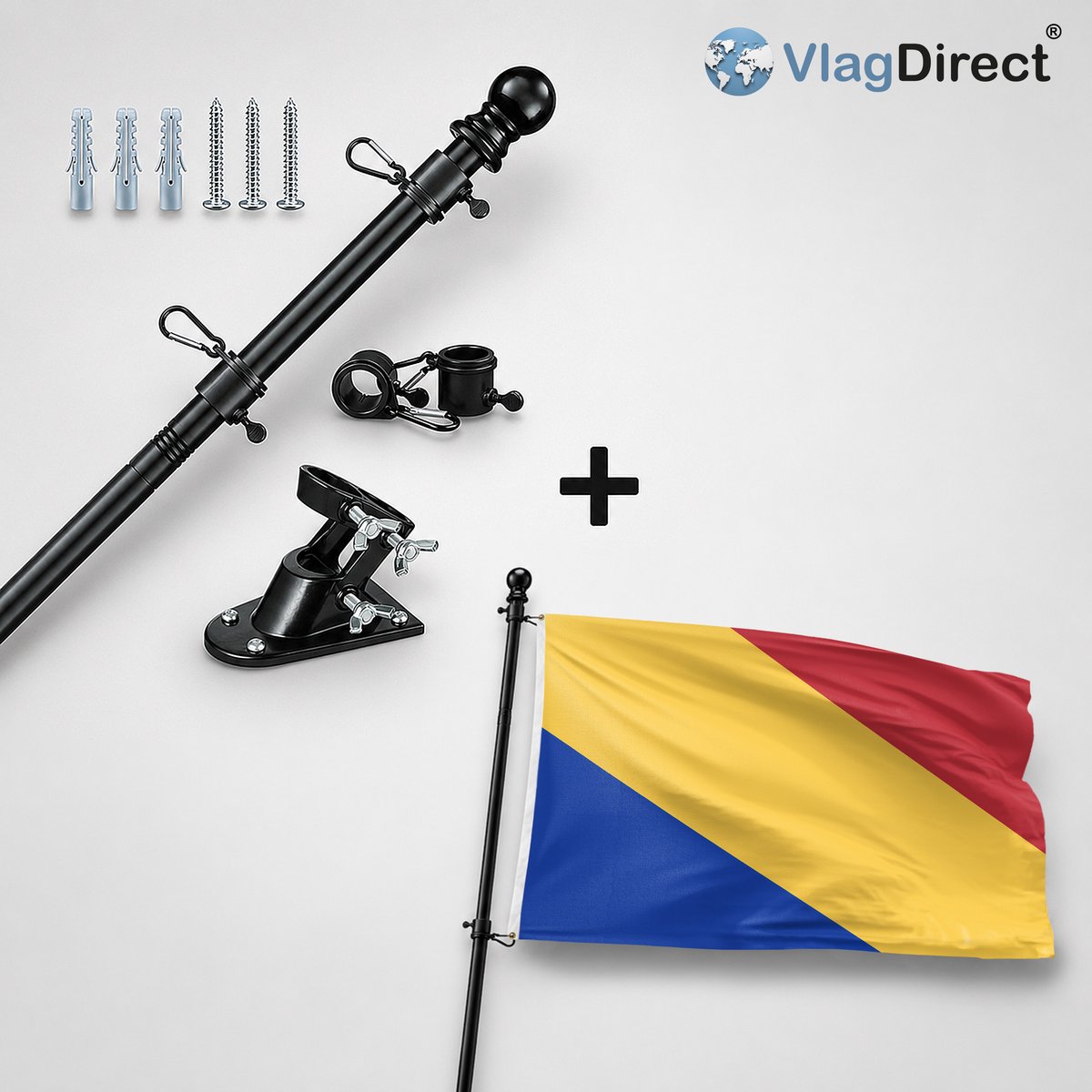 VlagDirect - Compleet vlaggenpakket - Zwarte vlaggenstok inclusief vlaggenstokhouder + Rheden vlag - Gemeente Rheden vlag - 90 x 150 cm.