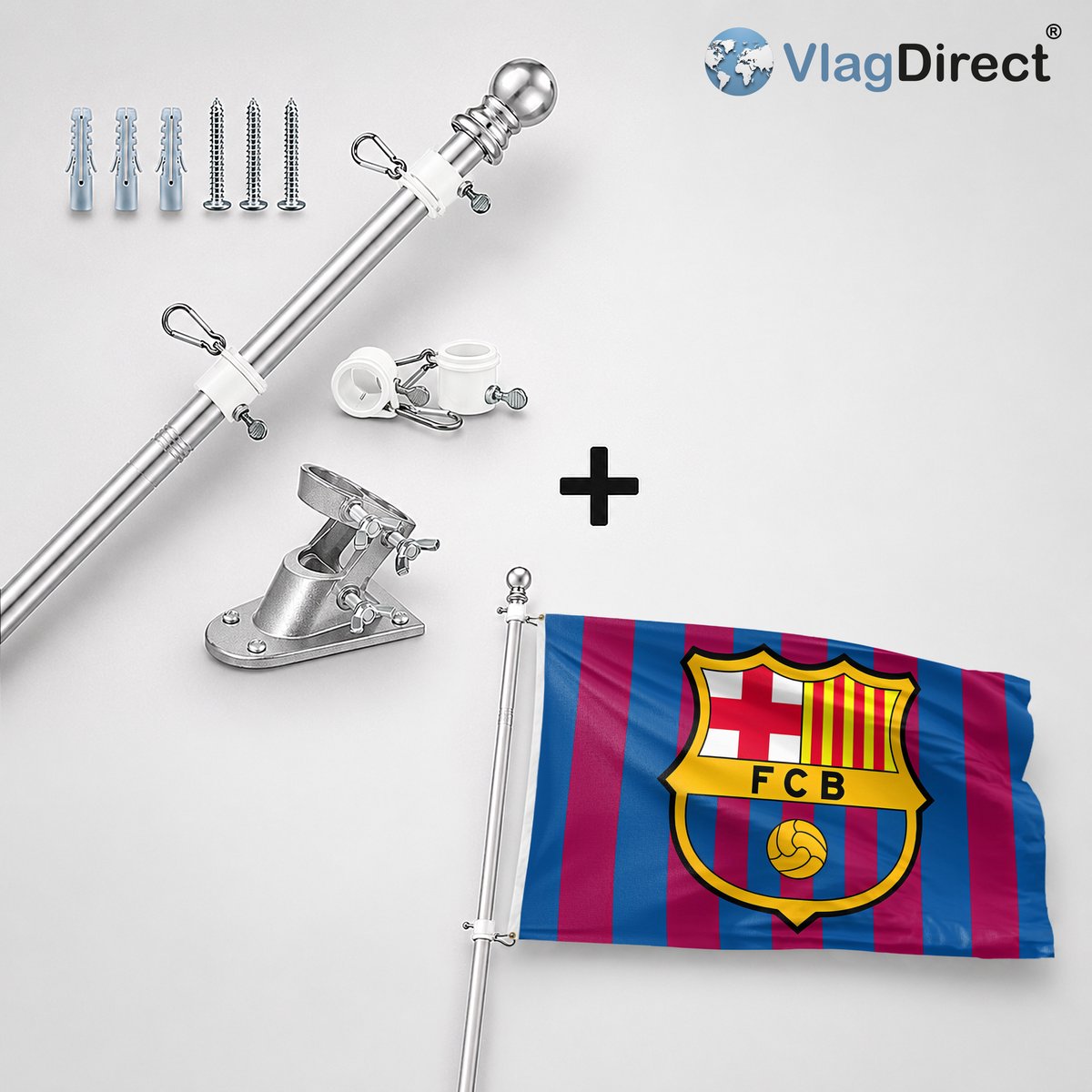 VlagDirect - Compleet vlaggenpakket - Zilveren vlaggenstok inclusief vlaggenstokhouder + FC Barcelona vlag - 90 x 150 cm.