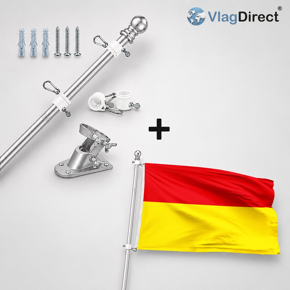 VlagDirect - Compleet vlaggenpakket - Zilveren vlaggenstok inclusief vlaggenstokhouder + Oostendse vlag - Gemeente Oostende vlag - 90 x 150 cm.
