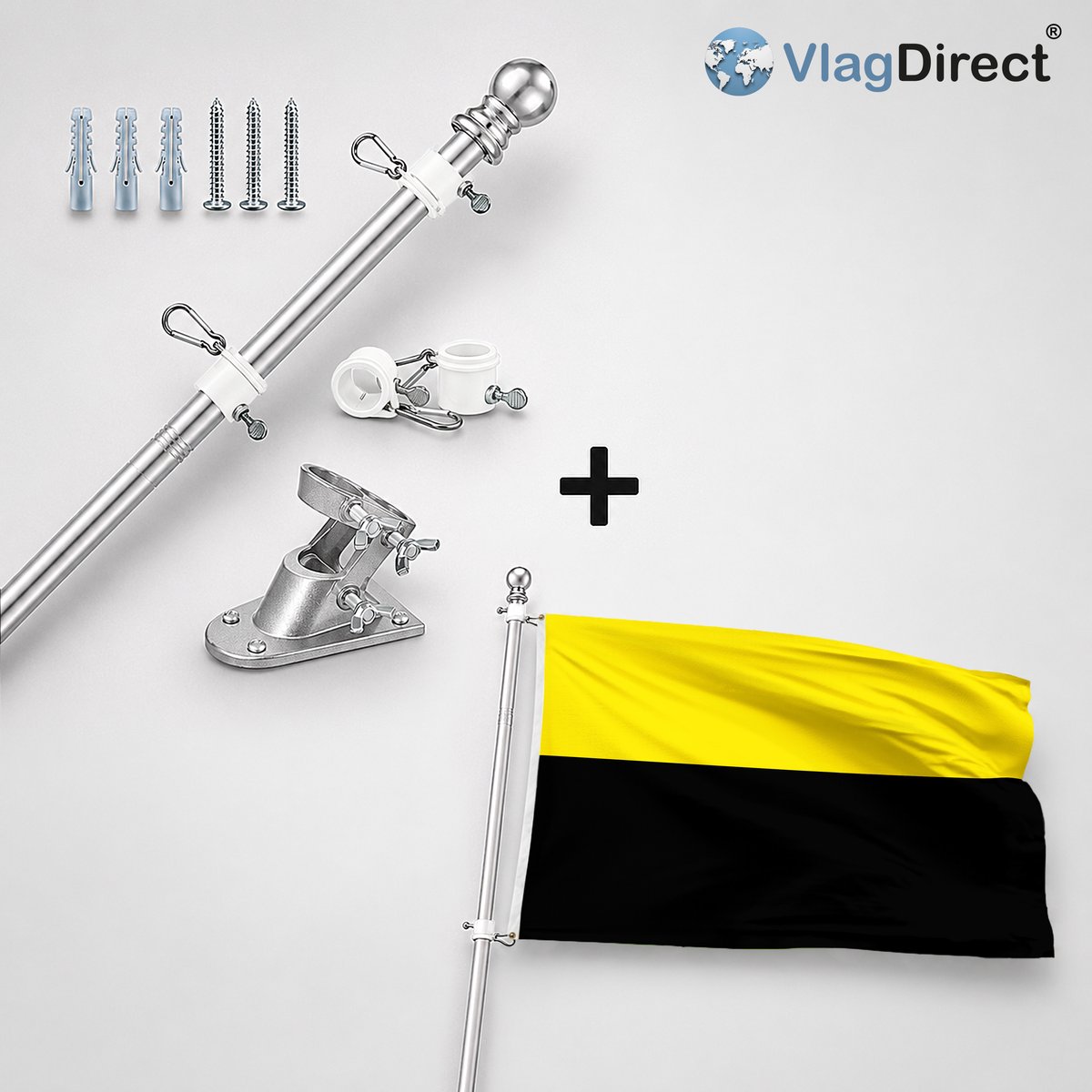 VlagDirect - Compleet vlaggenpakket - Zilveren vlaggenstok inclusief vlaggenstokhouder + Gemeente Andenne vlag - 90 x 150 cm.