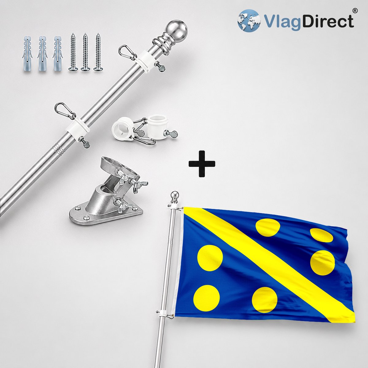 VlagDirect - Compleet vlaggenpakket - Zilveren vlaggenstok inclusief vlaggenstokhouder + Gemeente Assesse vlag - 90 x 150 cm.