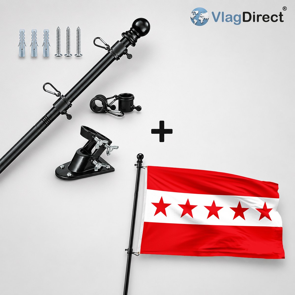 VlagDirect - Compleet vlaggenpakket - Zwarte vlaggenstok inclusief vlaggenstokhouder + Gemeente Les Bons Villers vlag - 90 x 150 cm.