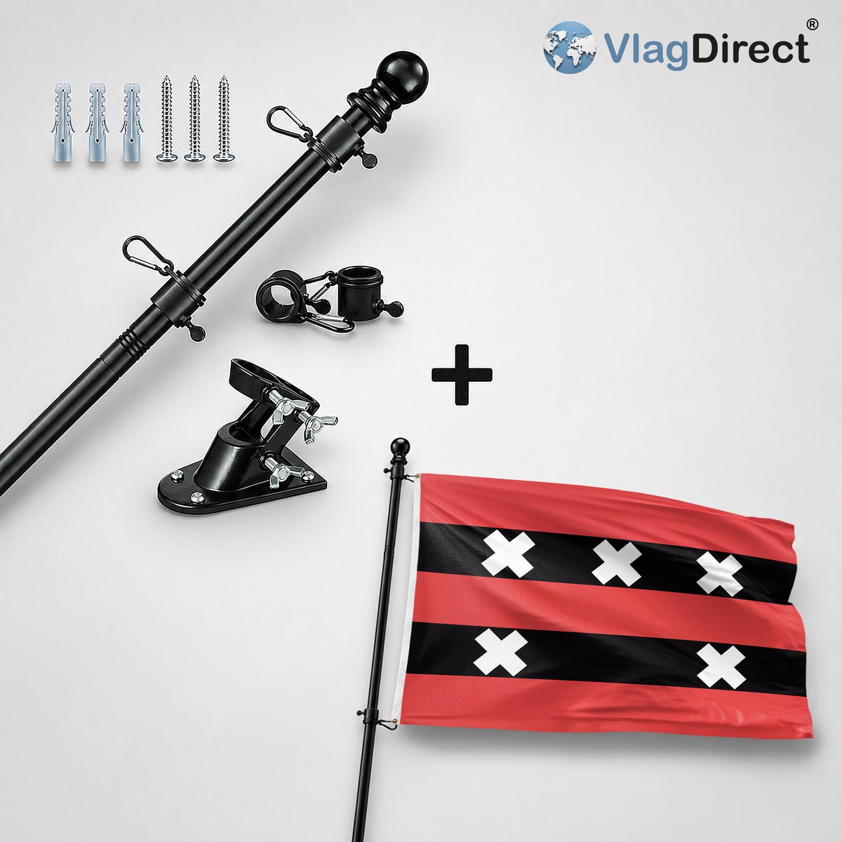 VlagDirect - Compleet vlaggenpakket - Zwarte vlaggenstok inclusief vlaggenstokhouder + Ouder-Amstel vlag - Gemeente Ouder-Amstel vlag - 90 x 150 cm.
