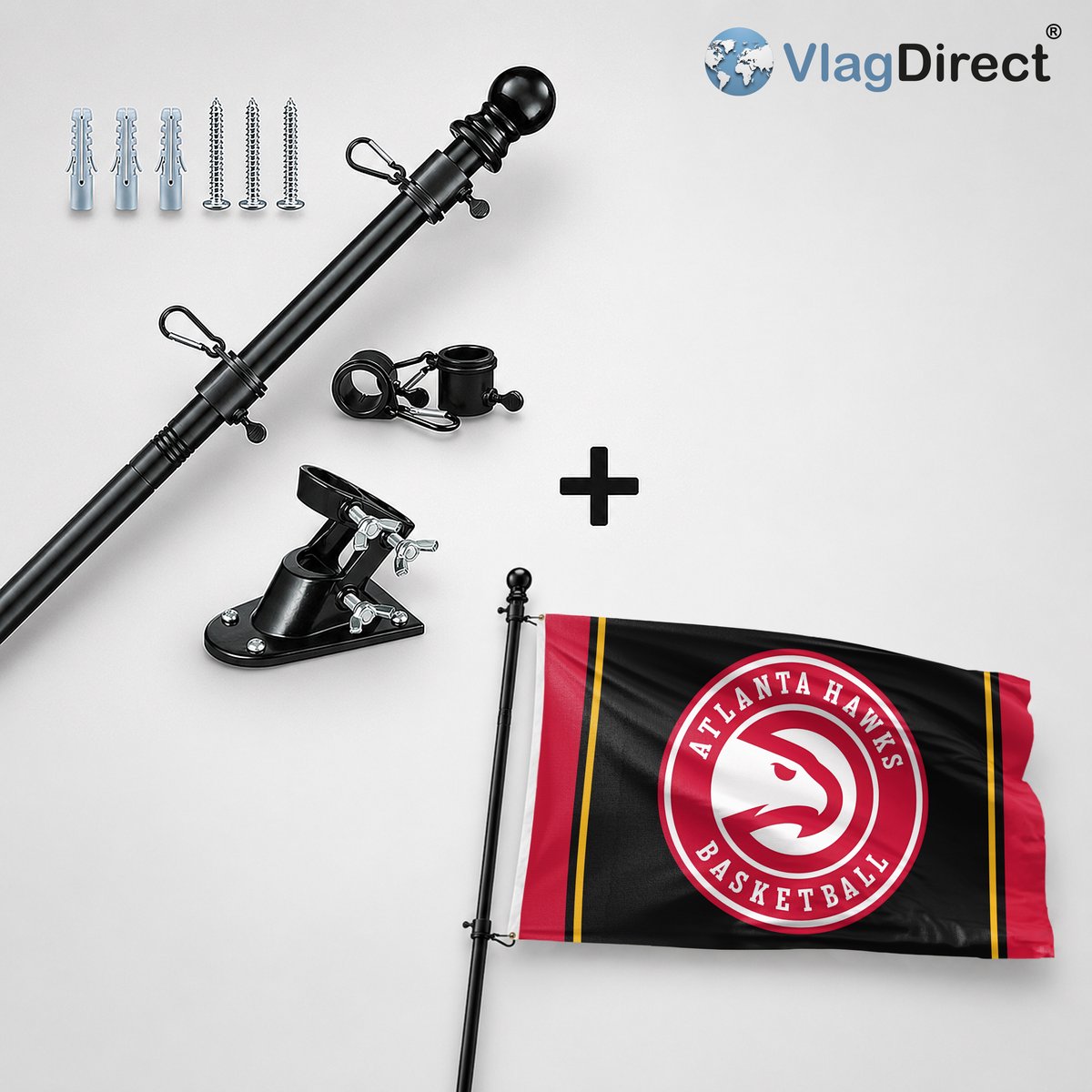 VlagDirect - Compleet vlaggenpakket - Zwarte vlaggenstok inclusief vlaggenstokhouder + Atlanta Hawks vlag - Atlanta Hawks basketbalteam vlag - 90 x 150 cm.