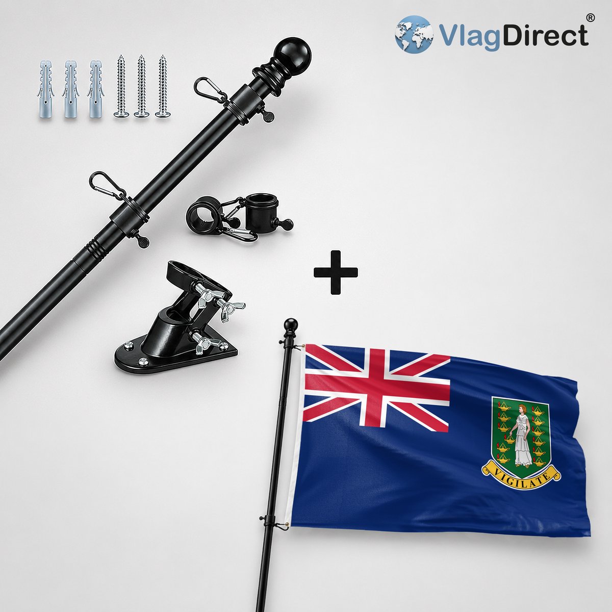 VlagDirect - Compleet vlaggenpakket - Zwarte vlaggenstok inclusief vlaggenstokhouder + Britse Maagdeneilanden vlag - 90 x 150 cm.