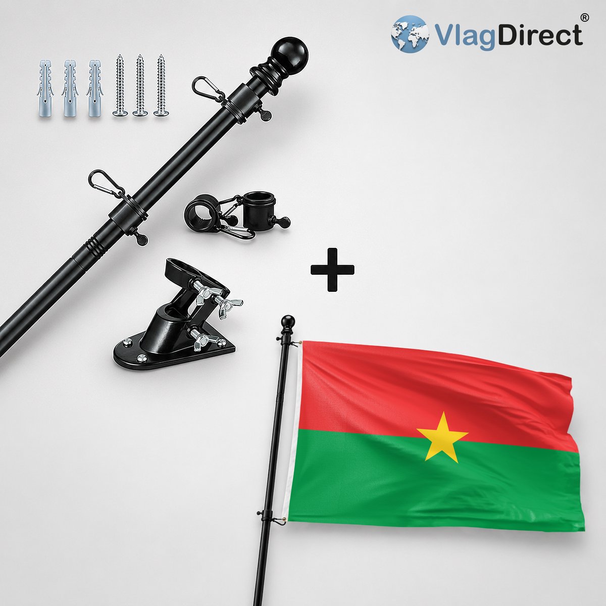 VlagDirect - Compleet vlaggenpakket - Zwarte vlaggenstok inclusief vlaggenstokhouder + Burkinese vlag - Burkina Faso vlag - 90 x 150 cm.