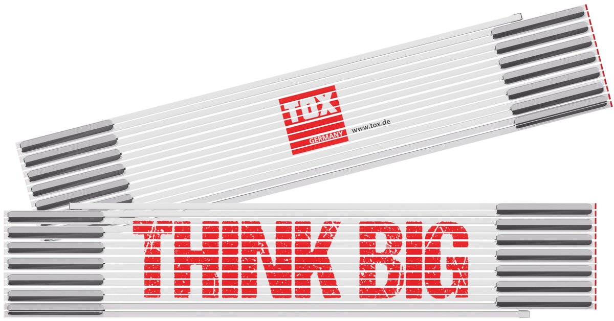 TOX duimstok 3m in wit - duimstok met opdruk "THINK BIG" - elastische duimstok van glasberken met rode uiteinden en - ShopVlot