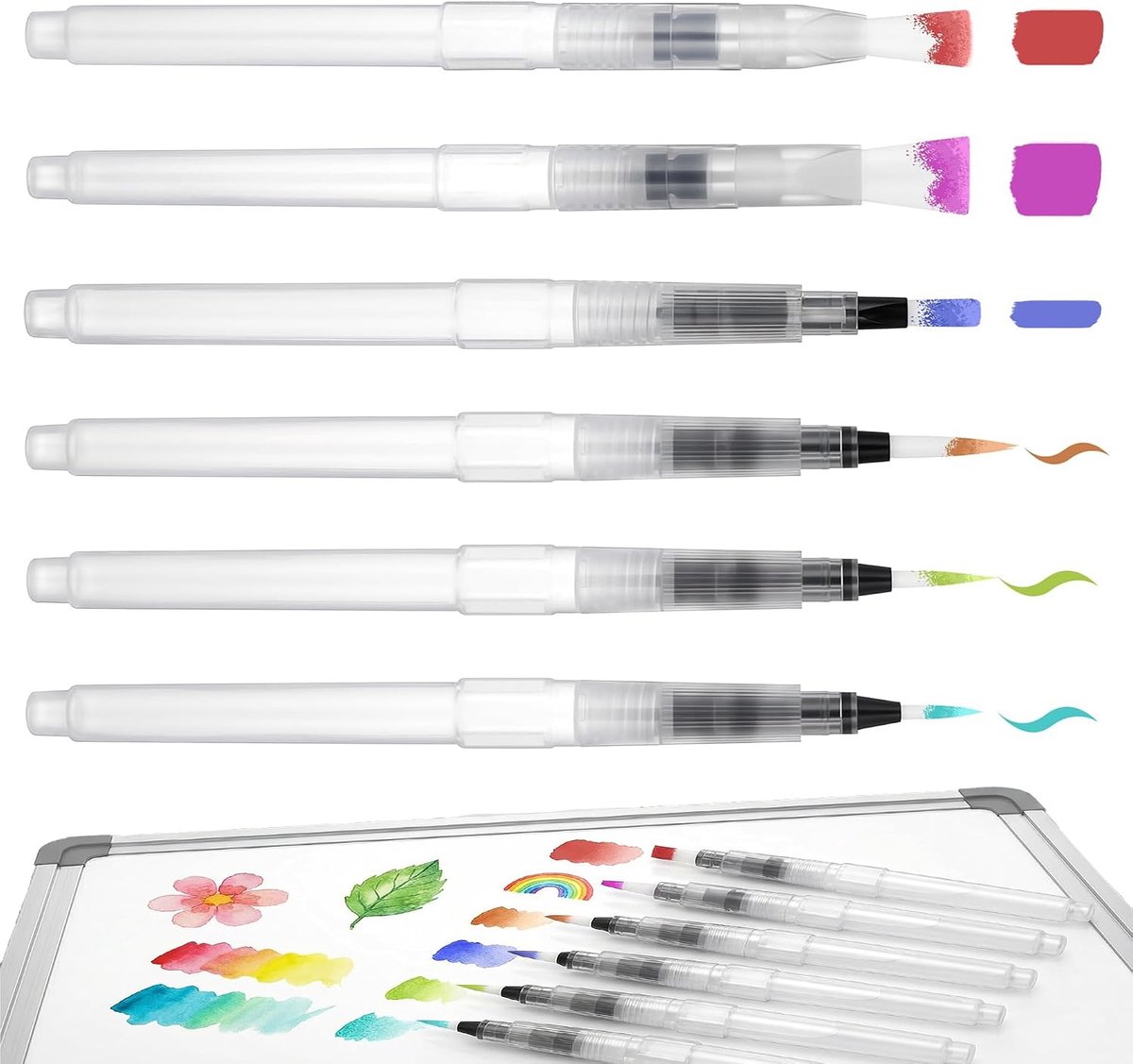 6-delige navulbare waterpenseelpenset, 155 mm lengte met 3 ronde en 3 platte punten, professionele aquarelpenselen - ShopVlot