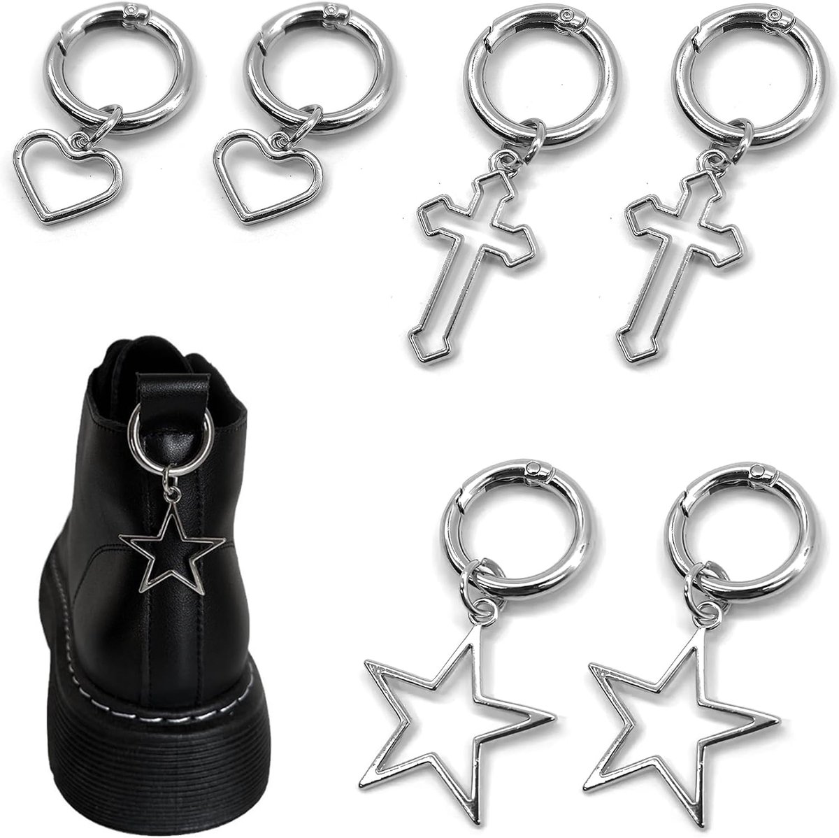 6pcs Jewelry Shoe Hanger Boots Shoe Buckle Punk Spring Ring Shoe Decoration Star Cross Hearts With O Ring Buckles Cool - ShopVlot
