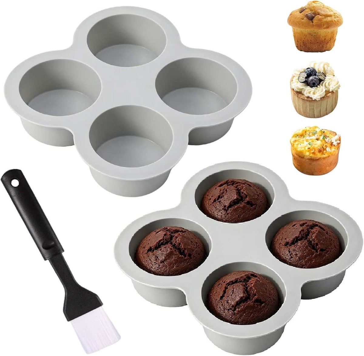 2 siliconen vormen met kwast voor cupcakes, 4 sleuven, antiaanbaklaag, mini-cupcakevorm, BPA-vrij, voor oven, air - ShopVlot