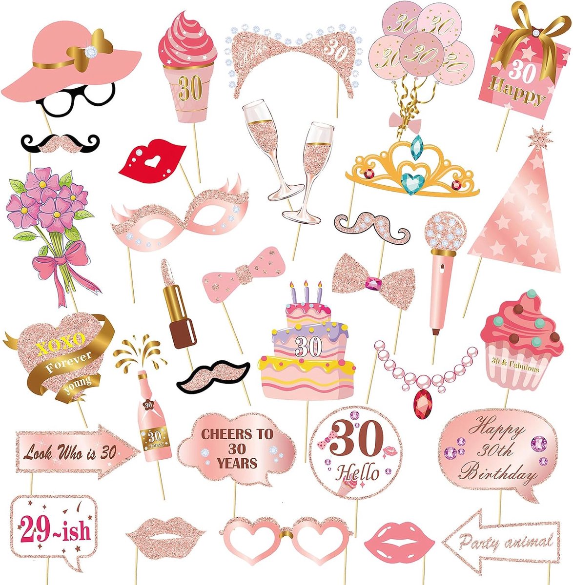 Fotobooth accessoires 33 stuks - rose goud - unieke ontwerpen - perfect voor verjaardagen - ShopVlot