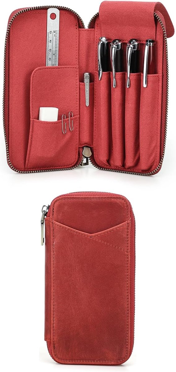 Pennenhouder met 4 pennen - vintage leren etui - handgemaakt - perfect voor organisatie - ShopVlot