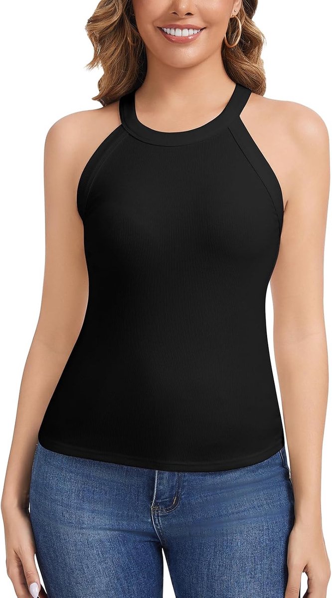 Haltertop Dames Ribbelstof - U-hals met ingebouwde kruisrug - Sexy basisstuk voor de zomer - ShopVlot