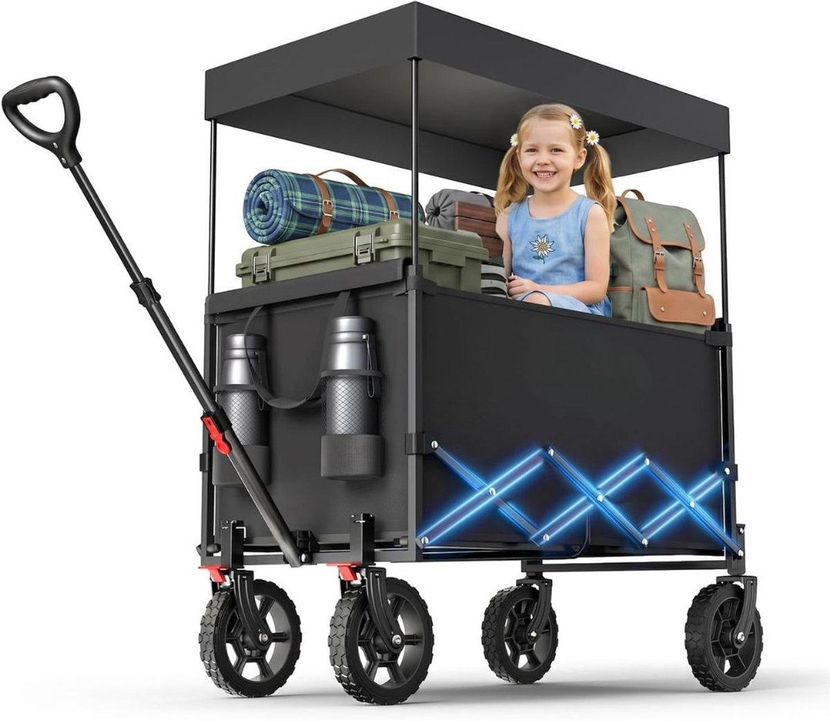 VALI® Bolderkar met Dak - Handkar met Zonnekap - Opvouwbare Handkar met Dak - Zwart - 97cm x 51cm x 96cm