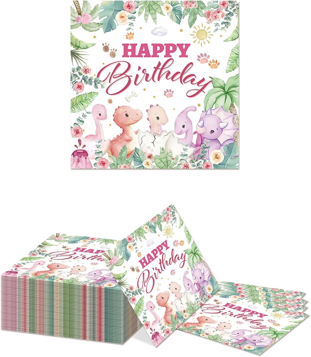 Dinosaurussen servetten 33x33cm - roze-lila design - 40 stuks - feestelijke tafelversiering voor babyshower - ShopVlot