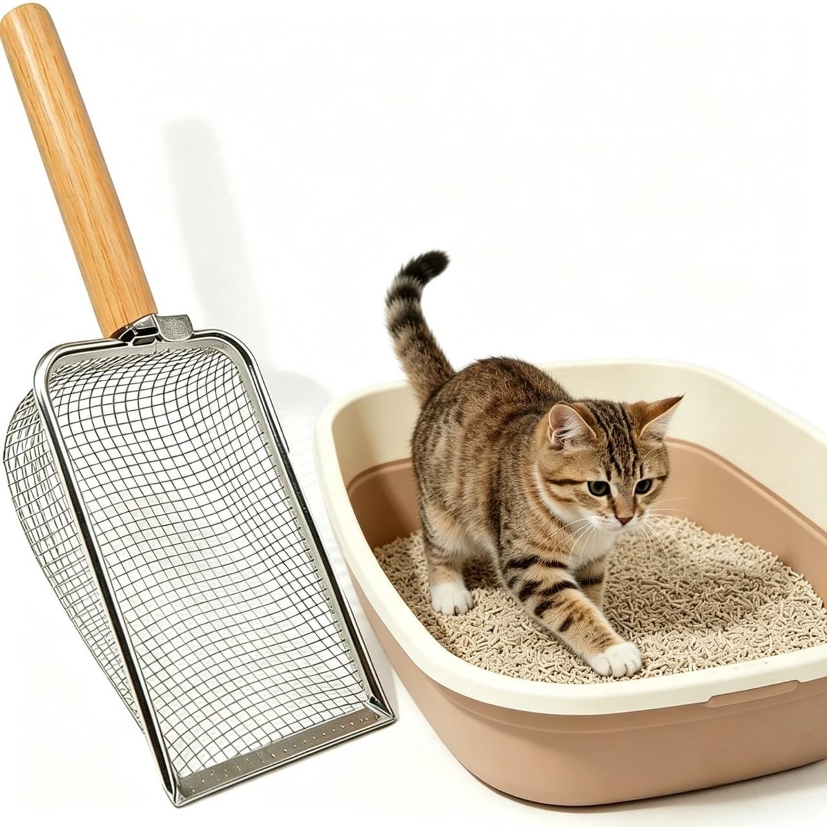 Solidchoice - RVS Kattenbak Schep met Houten Handvat