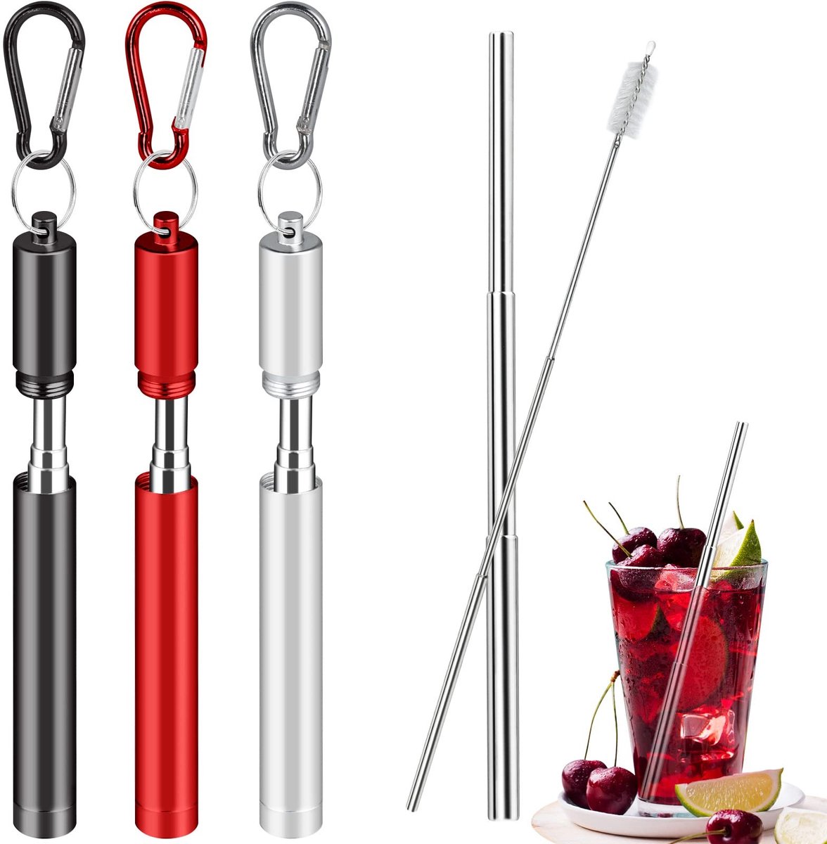 Solidchoice - Set van 3 Telescoop RVS Rietjes met Reinigingsborstel