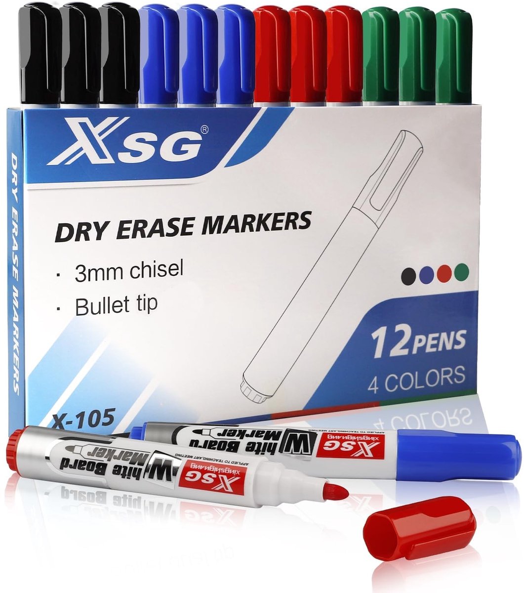 Solidchoice - Set van 12 Drooguitwisbare Markers voor Whiteboards in 4 Kleuren