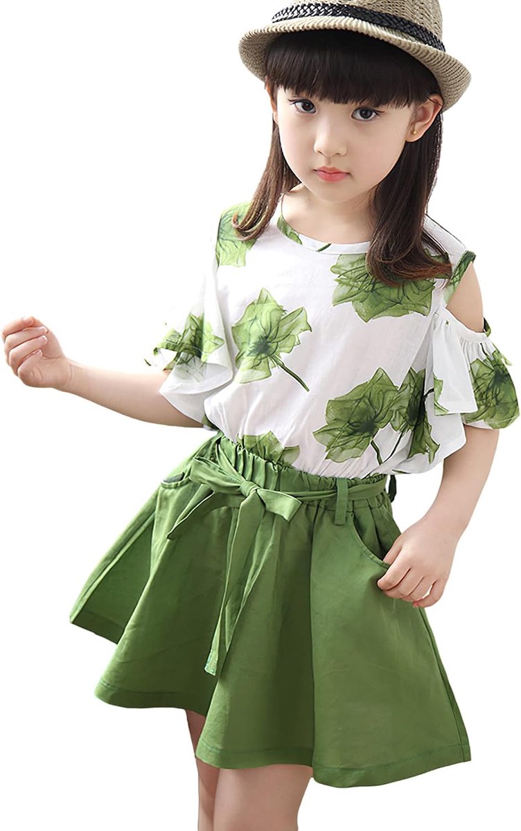 Meisjes Kleding Set 7-8 Jaar - Groene Witte Bloemenprint - Rimpel Mouwen - Perfect voor Zomer - ShopVlot
