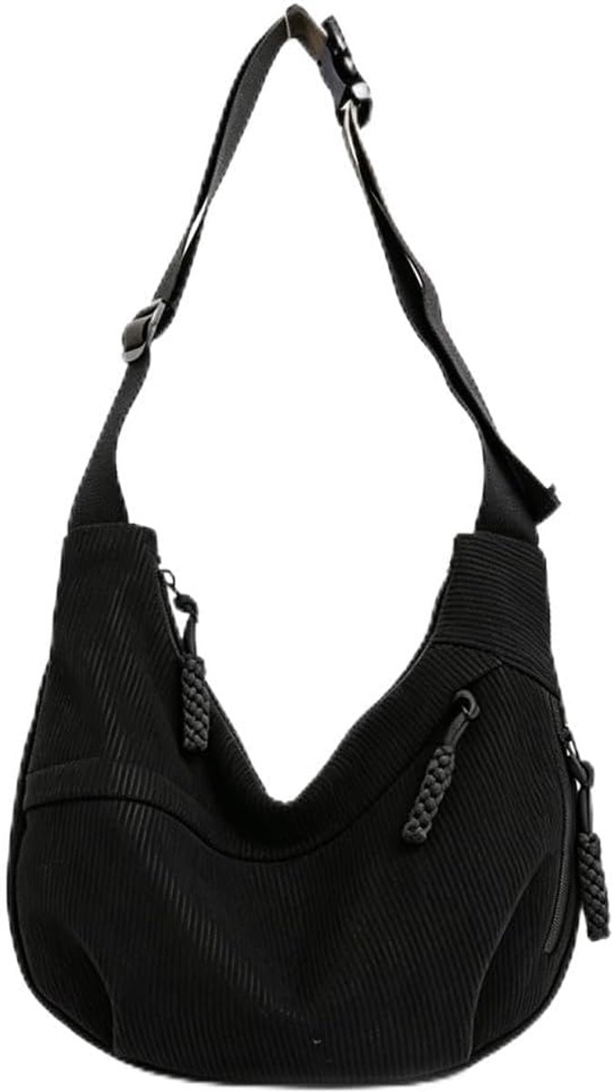 Schoudertas dames groot - corduroy zwart - zachte halve maan tas - veelzijdige crossbody tas - ShopVlot