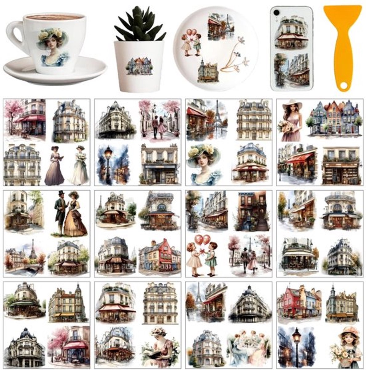 Transferstickers Retro Parijse Architectuur - Waterdichte Stickers - Wanddecoratie Thuis - Sticker voor Raam - 12 vellen 13 x 12 cm