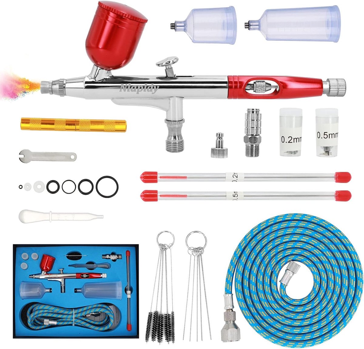 Airbrush set dual-action 0.2/0.3/0.5mm - met 10cc/20cc/40cc verfbekers - inclusief slang en reinigingsset - ShopVlot