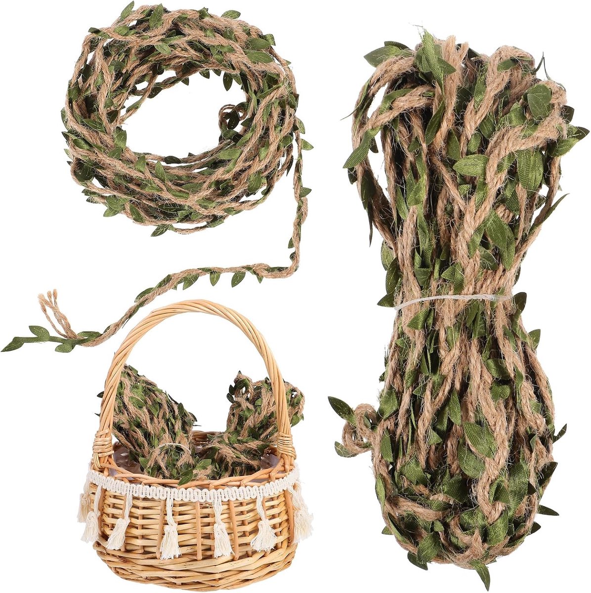 Jute touw lint 20m - natuurlijke jute met kunstmatige klimop bladeren - voor creatief gebruik op feesten - ShopVlot