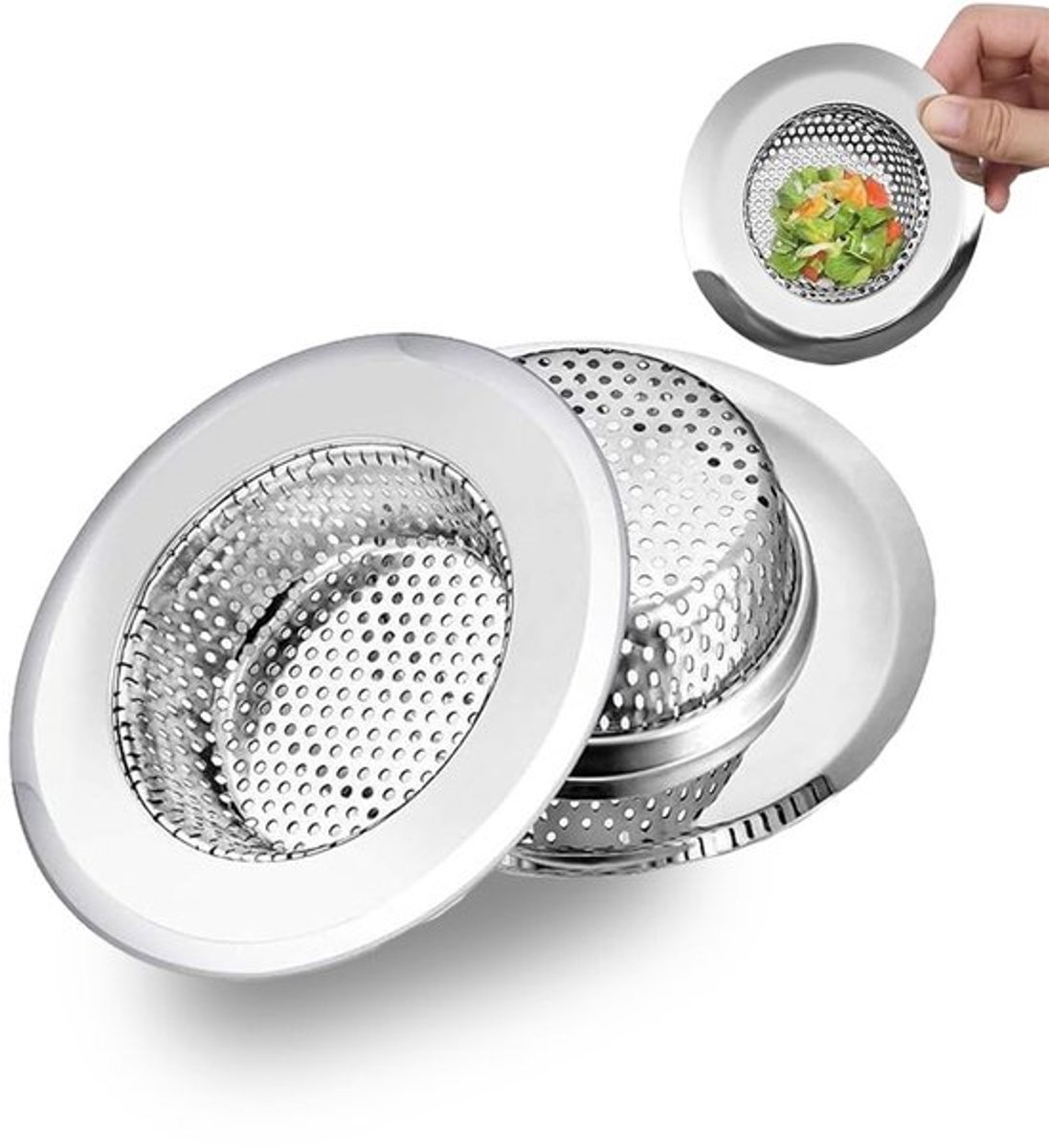 Filter - Gootsteenzeef van roestvrij staal - 2 stuks - Voor afvoerhavens 43-70 mm - Microporiën 2 mm - Veilig voor vaatwasser