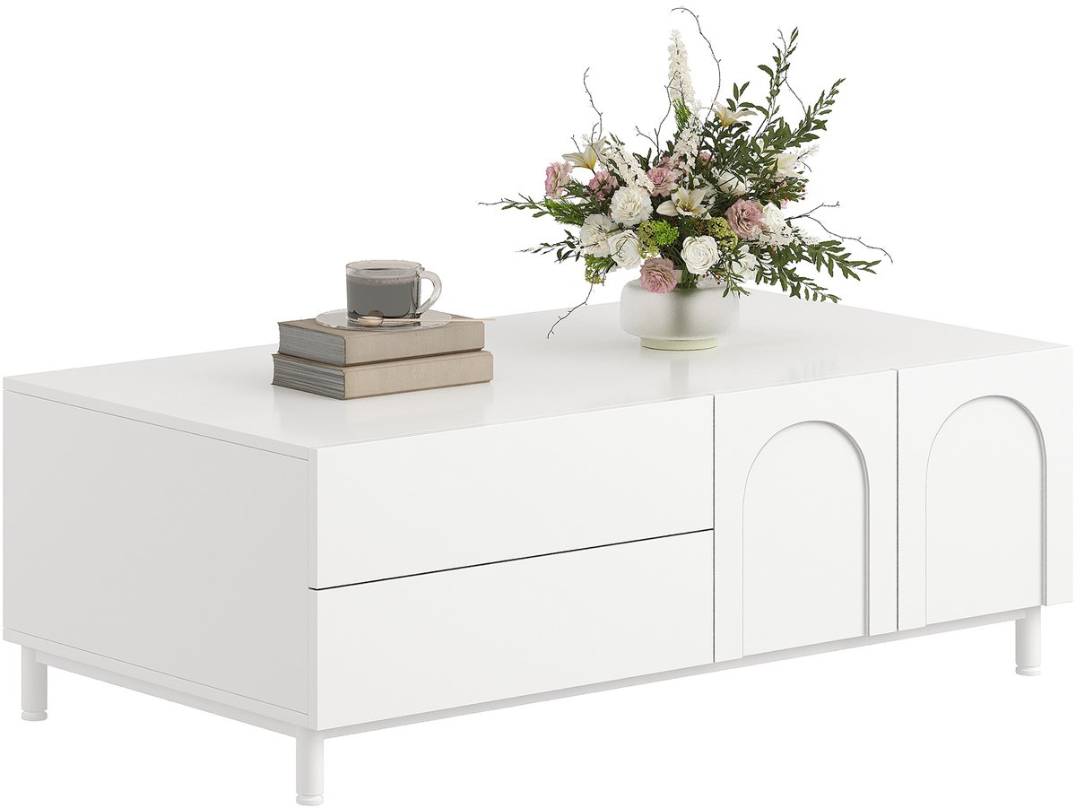 Salontafel 100x50 cm - Rechthoekige Tafel Met 2 Laden En 2 Deuren - MDF Met Stalen Poten Wit