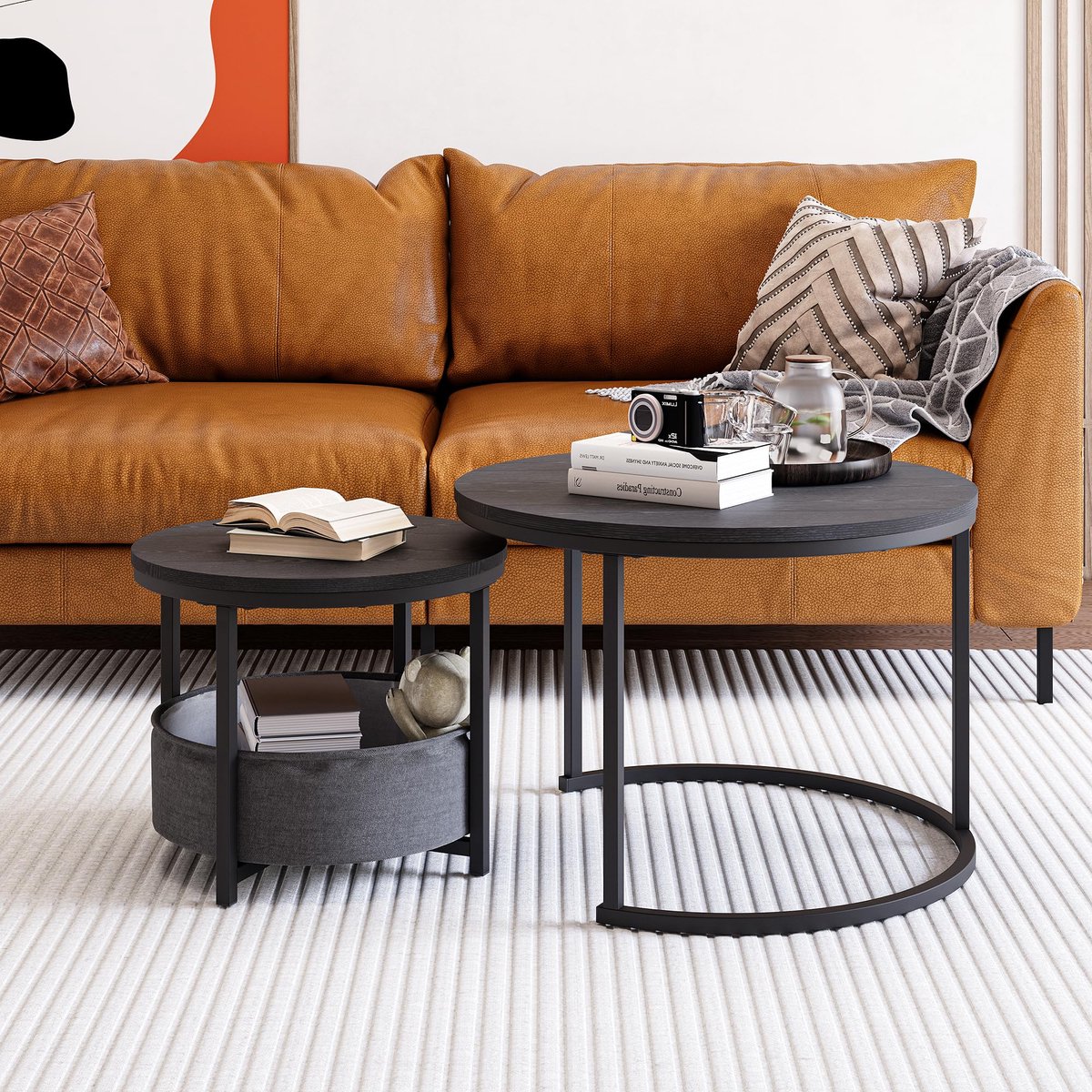 Couchtisch Set 2 Delig - Verschuifbare Salontafels Met Hout Look En Opbergtas - Metaal Antique Black