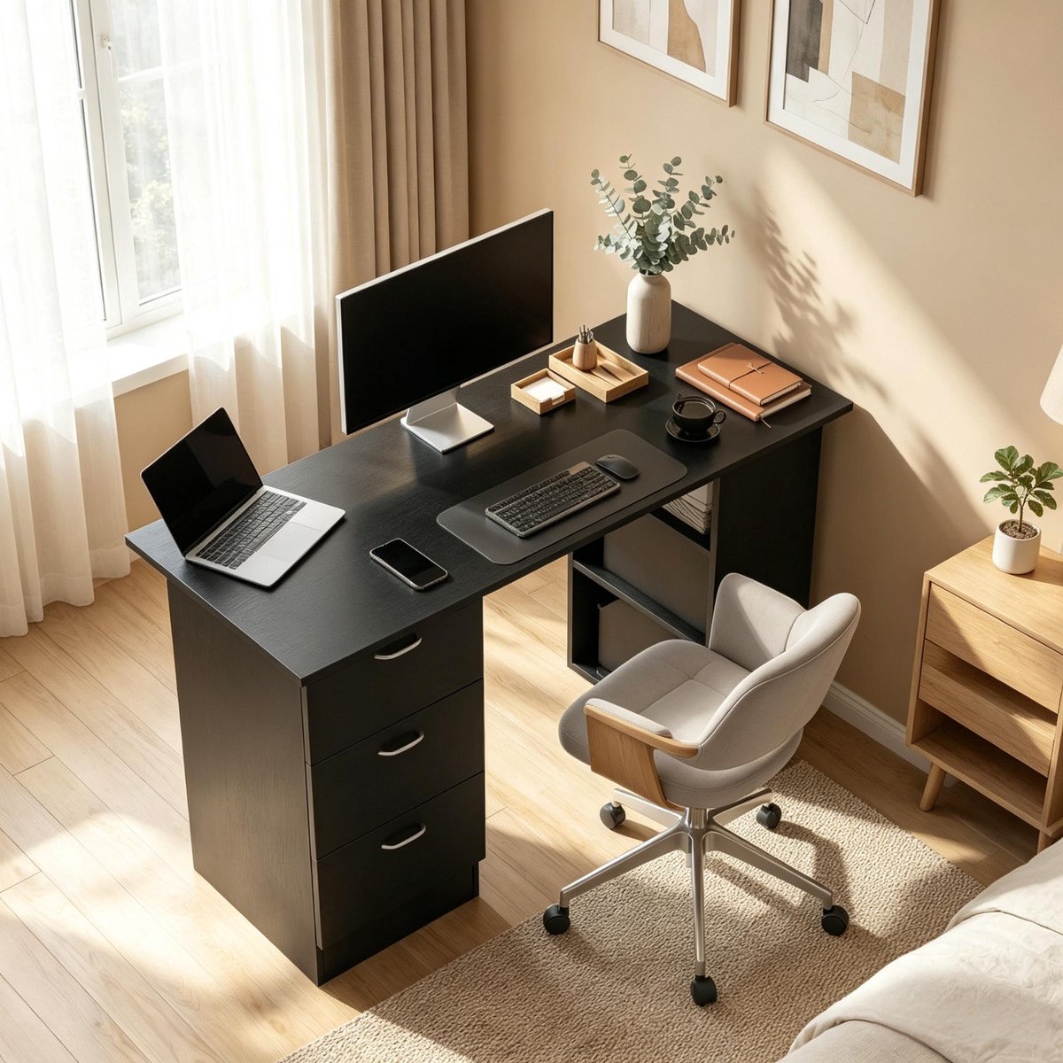 Computerbureau Zwart - Bureau Met Laden En Planken - Gaming Bureau Met Opbergruimte - Thuiswerkbureau Voor Kantoor En Slaapkamer
