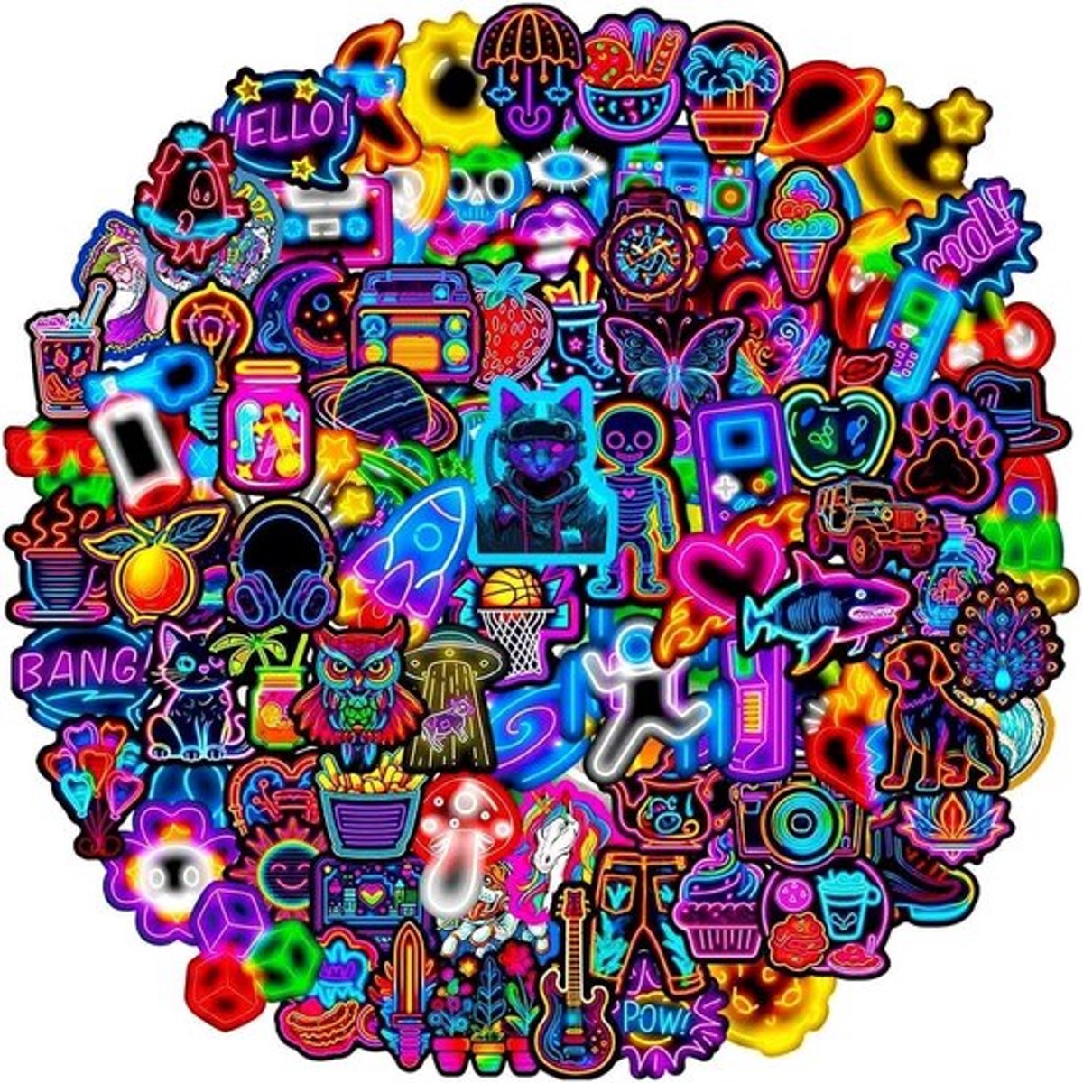 SnelShoppen - 100 Stuks Neon Kleurige Waterdichte Vinyl Stickers voor Scrapbooking, Waterfles, Laptop, Motor, Scooter, Koffer, Fiets, Mobiele Telefoon