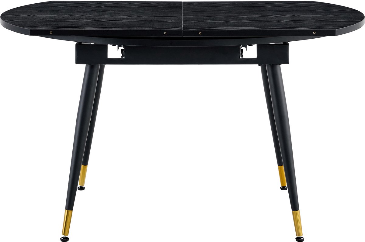 DESMIU Eettafel Uitrekbaar Van Rond Naar Ovaal Met Moderne Zwarte MDF Tafelblad En Gouden Metalen Poten Voor Keuken En Eetkamer 135x85x77 Cm