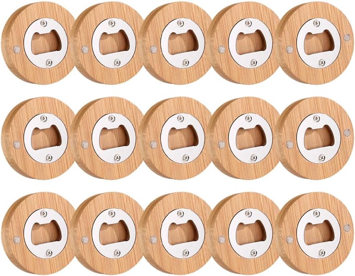 Houten flesopener 15 stuks - bamboe en roestvrij staal - perfect voor feesten en cadeau - ShopVlot