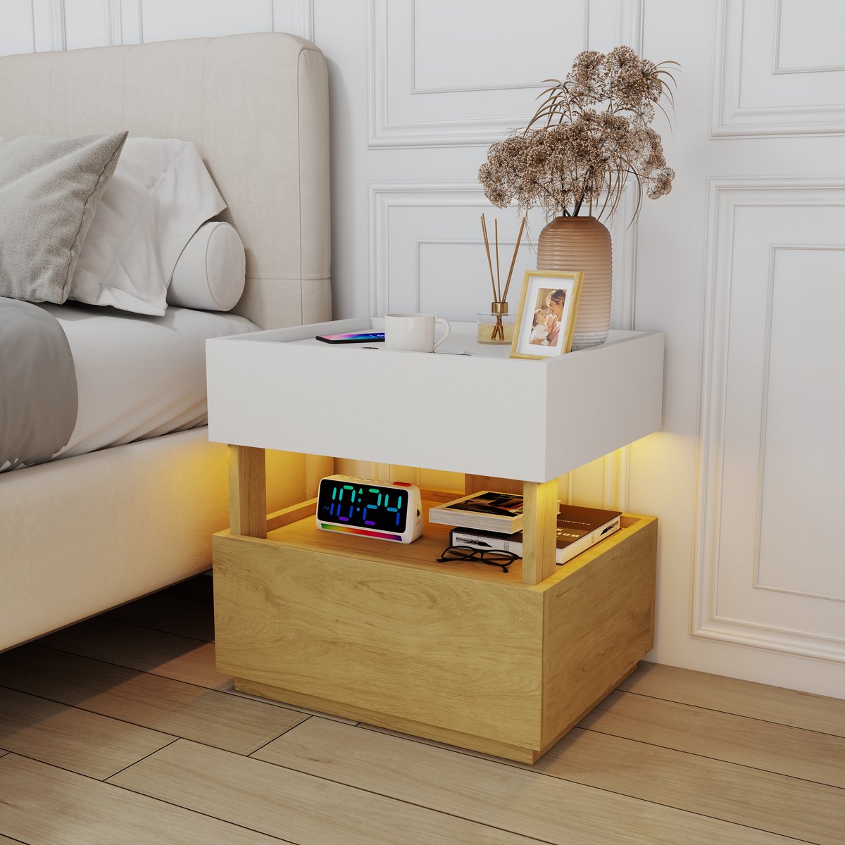 OKWISH Nachtkastje - 2 Laden - Met Verstelbare LED-Verlichting En Draadloos Opladen - Voor Slaapkamer Of Woonkamer - Hout Wit Naturel - 50x40x50 cm