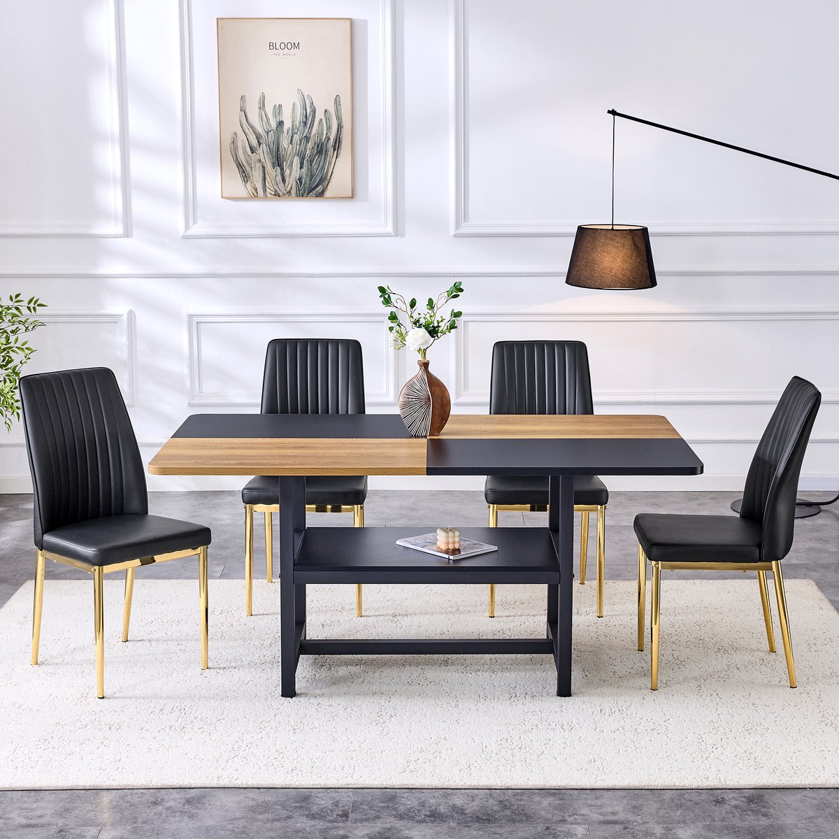 COVREO Eettafel set 160x90x76 cm zwart, MDF en metaal met 4 stoelen