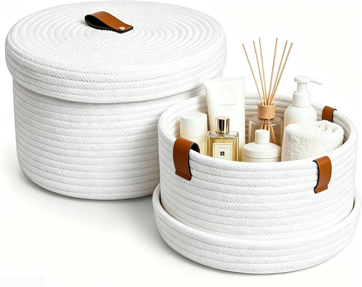 Set van 2 Opbergmanden met Deksel, Ronde Geweven Katoenen Mand, Wasbare Decoratieve Organizer voor Woonkamer, Badkamer en Planken