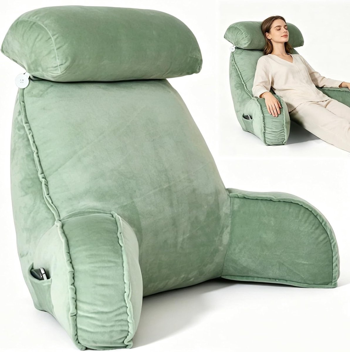 Extra grote rugkussen met afneembare hoes, ergonomische rugsteun voor bed en bank, ideaal voor tv-kijken, lezen en mobiel gebruik in bed (Groen)